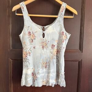LANGUAGE Los Angeles | Pastel Blue Floral Boho Tank Top with Lace back | Small